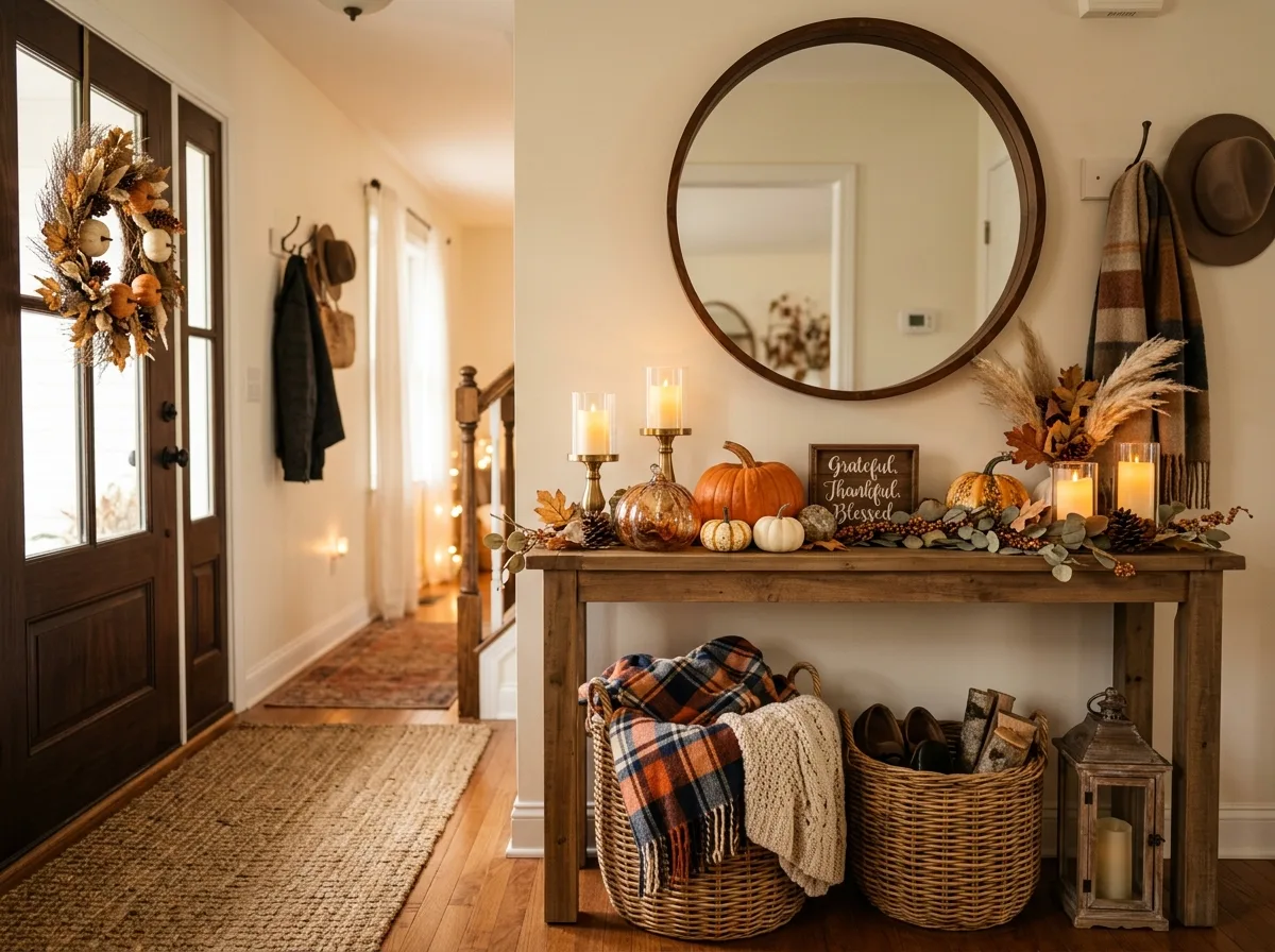 Entryway Fall Styling for 10 thanksgiving decor ideas for a festive home